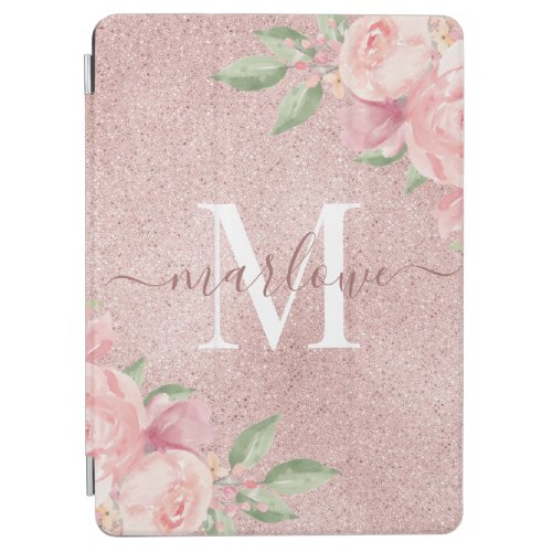 Rose Gold Glitter Blush Pink Floral Monogram iPad Air Cover