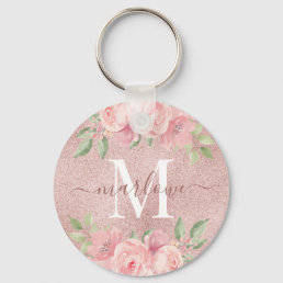 Rose Gold Glitter Blush Pink Floral Monogram Keychain
