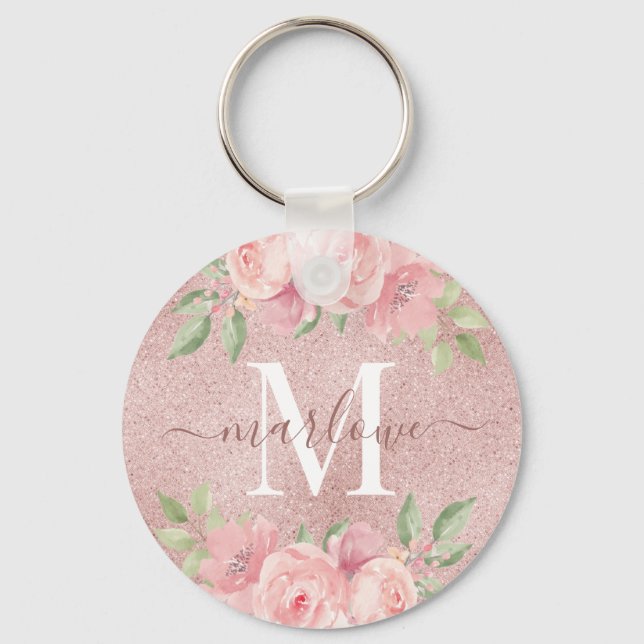 Rose Gold Glitter Blush Pink Floral Monogram Keychain (Front)