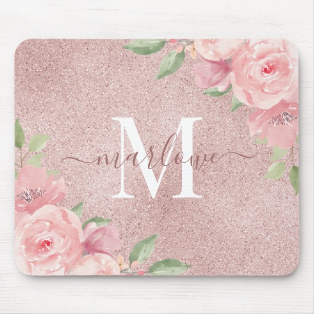 Rose Gold Glitter Blush Pink Floral Monogram Mouse Pad (Front)