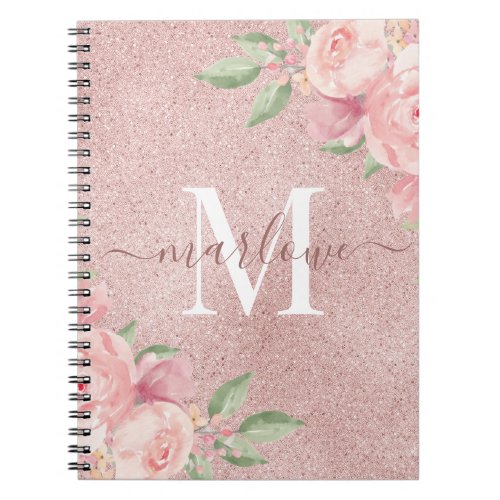 Rose Gold Glitter Blush Pink Floral Monogram Notebook