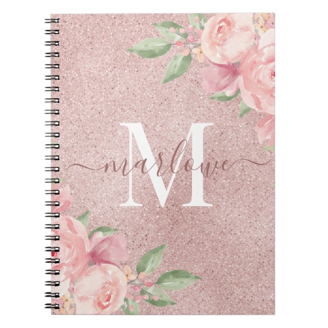 Rose Gold Glitter Blush Pink Floral Monogram Notebook (Front)