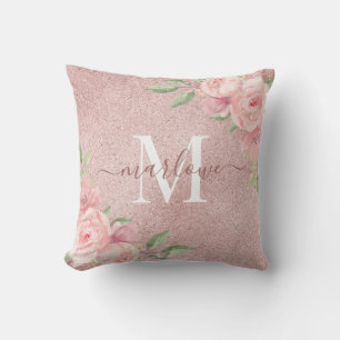 Rose Gold Glitter Blush Pink Floral Monogram Throw Pillow