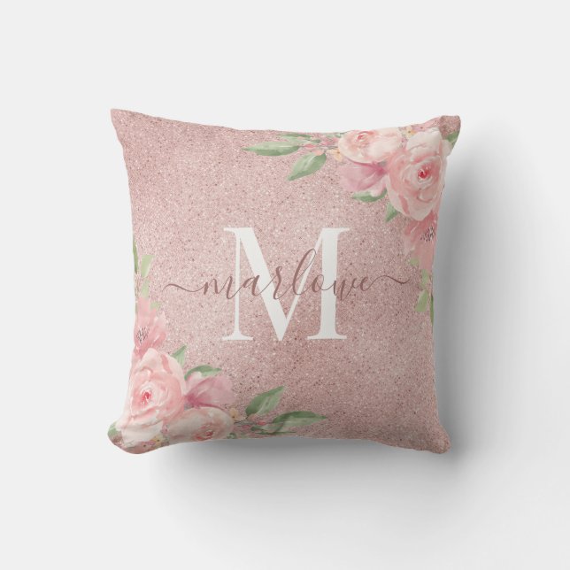 Rose Gold Glitter Blush Pink Floral Monogram Throw Pillow (Front)