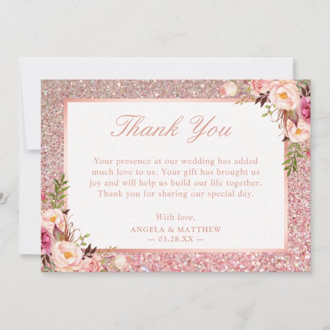 Rose Gold Glitter Blush Pink Floral Thank You (Front)