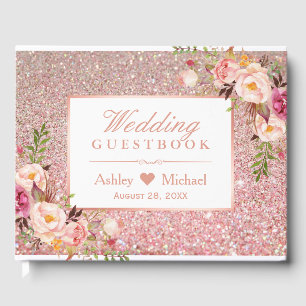 Rose Gold Glitter Blush Pink Floral Wedding Guest Book
