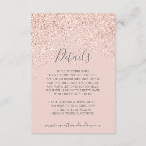 Rose gold glitter blush pink gray wedding details enclosure card