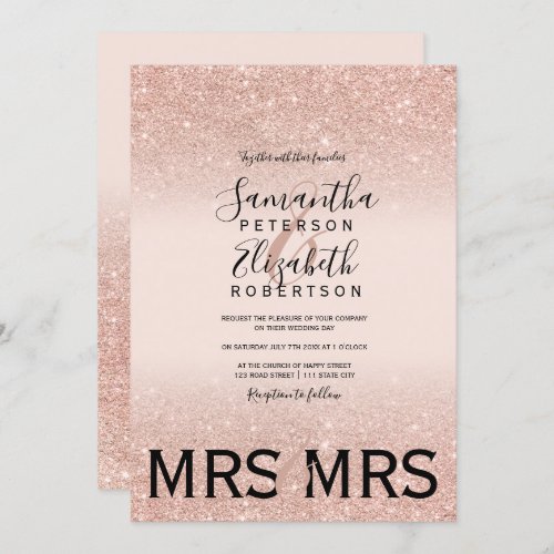 Rose gold glitter blush pink lesbian wedding invitation