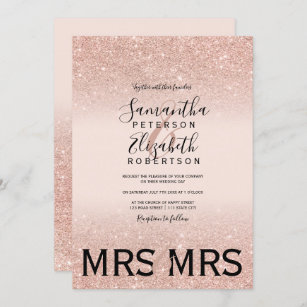 Rose gold glitter blush pink lesbian wedding invitation