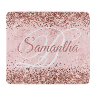 Rose Gold Glitter Blush Pink Marble Fancy Monogram Cutting Board