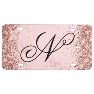 Rose Gold Glitter Blush Pink Marble Fancy Monogram License Plate