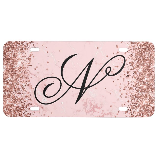 Rose Gold Glitter Blush Pink Marble Fancy Monogram License Plate (Front)