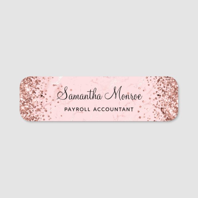 Rose Gold Glitter Blush Pink Marble Name Tag (Front)