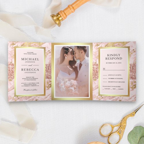 Rose Gold Glitter Blush Pink Marble Photo Wedding  Tri_Fold Invitation