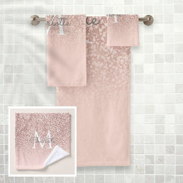 Rose Gold Glitter Blush Pink Monogram Bath Towel Set