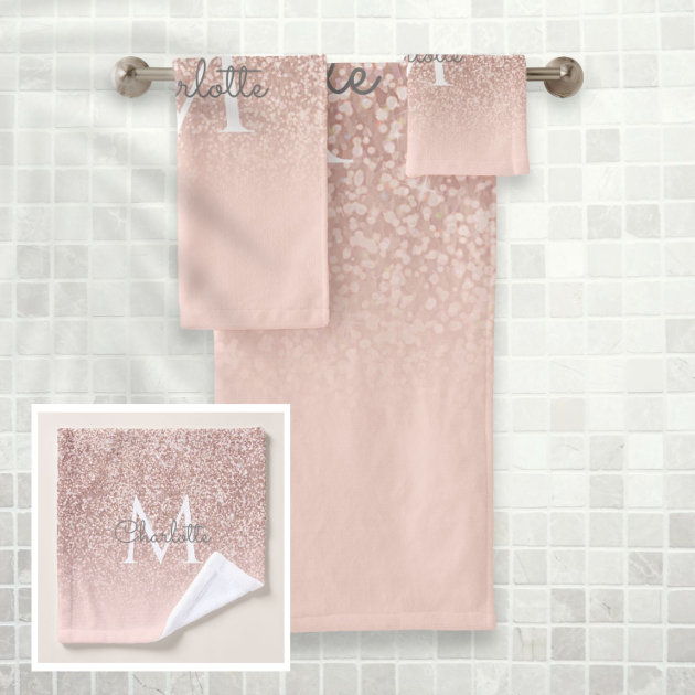 Rose Gold Glitter Blush Pink Monogram Bath Towel Set Zazzle