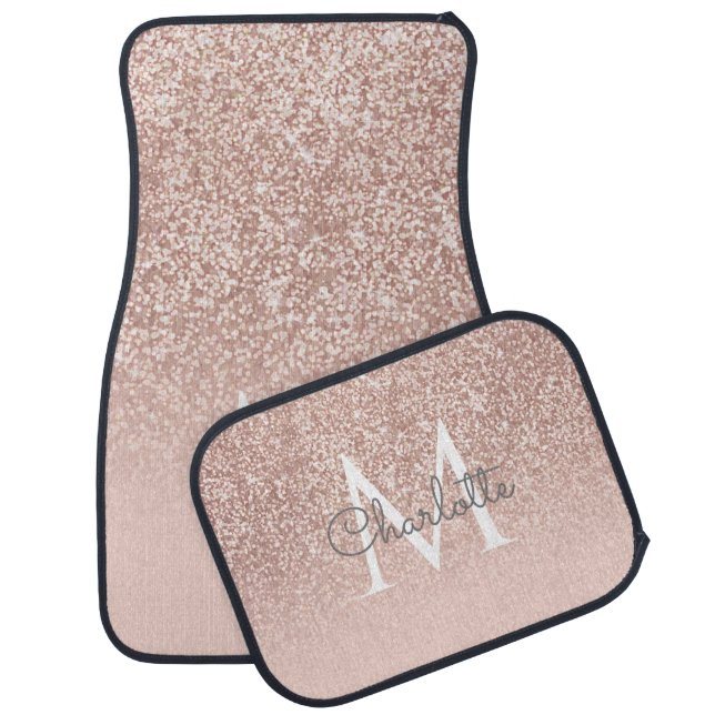 Rose Gold Glitter Blush Pink Monogram Car Floor Mat (Set)