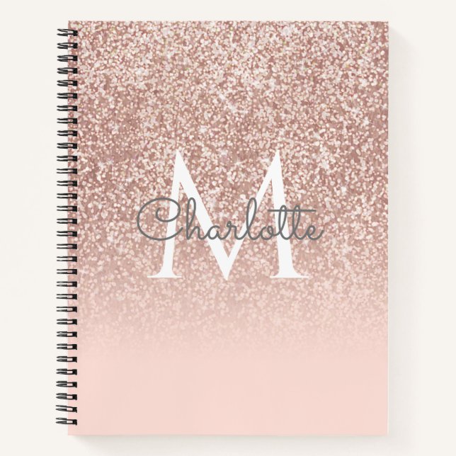 Rose Gold Glitter Blush Pink Monogram Chic Notebook (Front)