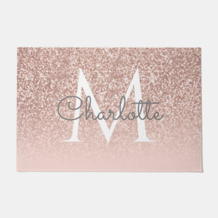 Rose Gold Glitter Blush Pink Monogram Elegant Doormat