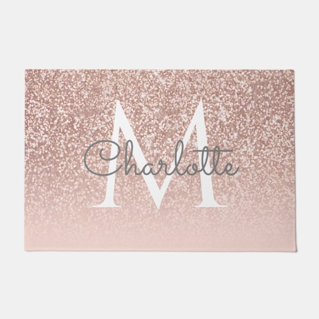 Rose Gold Glitter Blush Pink Monogram Elegant Doormat (Front)