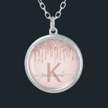 Rose gold glitter blush pink monogram elegant silver plated necklace<br><div class="desc">Girly, trendy and monogrammed. A feminine blush pink background decorated with faux rose gold glitter drips. Personalize and add a name and monogram letter. Gray and rose gold colored letters. The name is written with a modern hand lettered style script with swashes. To keep the swashes only delete the sample...</div>