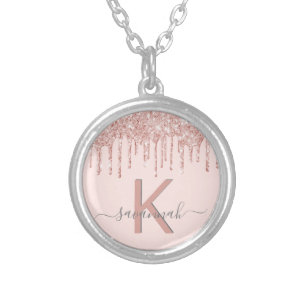 Rose gold glitter blush pink monogram elegant silver plated necklace