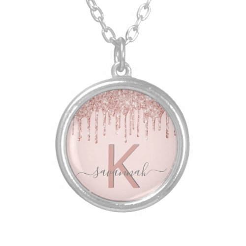 Rose gold glitter blush pink monogram elegant silver plated necklace