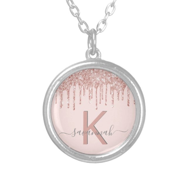 Rose gold glitter blush pink monogram elegant silver plated necklace (Front)