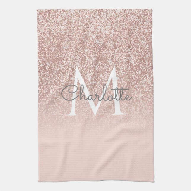 Rose Gold Glitter Blush Pink Monogram Girly Kitchen Towel (Vertical)