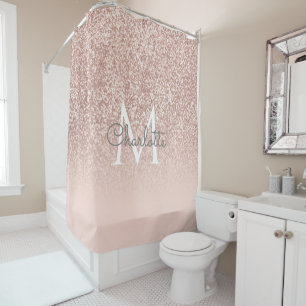 Rose Gold Glitter Blush Pink Monogram Girly Script Shower Curtain