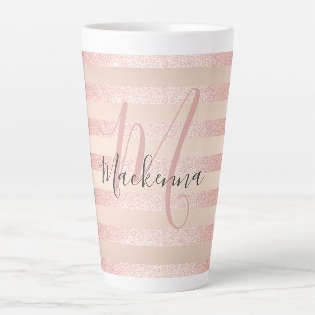 Rose Gold Glitter Blush Pink Monogram Script Girly Latte Mug (Front)