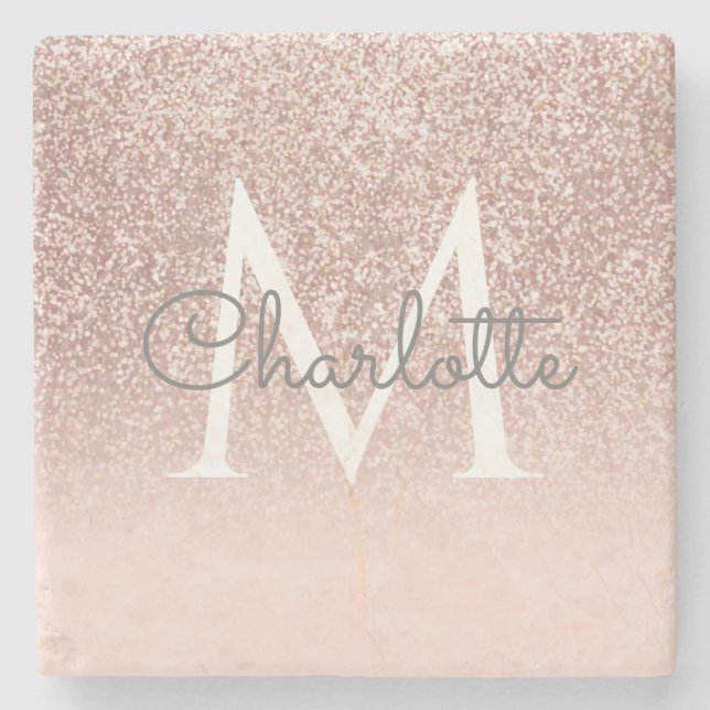 Rose Gold Glitter Blush Pink Monogram Stone Coaster (Front)