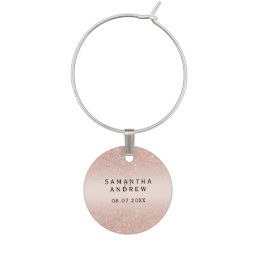 Rose gold glitter blush pink names chic wedding wine charm