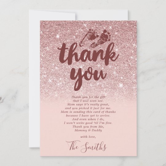 Rose Gold Glitter Blush Pink Ombre Baby Shower Thank You Card