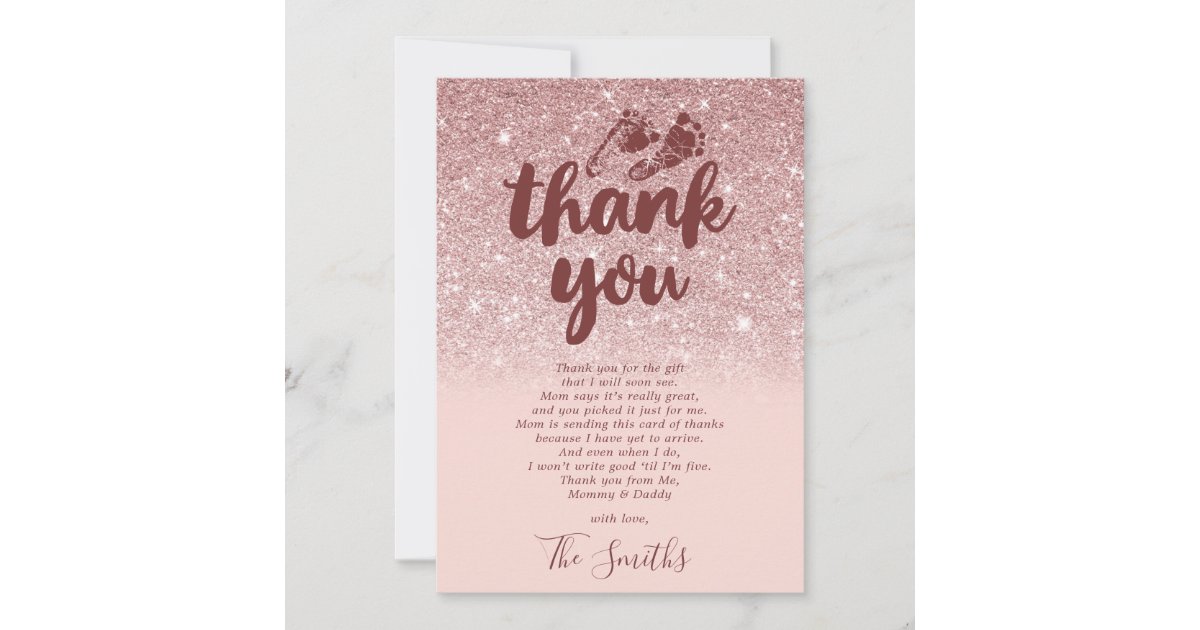 Rose Gold Glitter Blush Pink Ombre Baby Shower Thank You Card