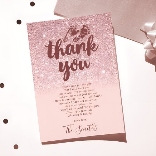 Rose Gold Glitter Blush Pink Ombre Baby Shower Thank You Card