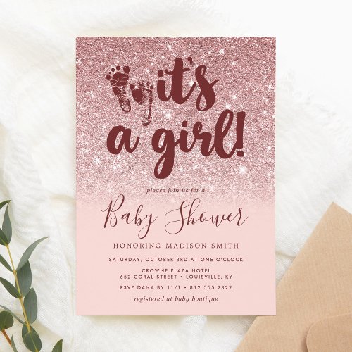 Rose Gold Glitter Blush Pink Ombre Its A Girl Baby Invitation