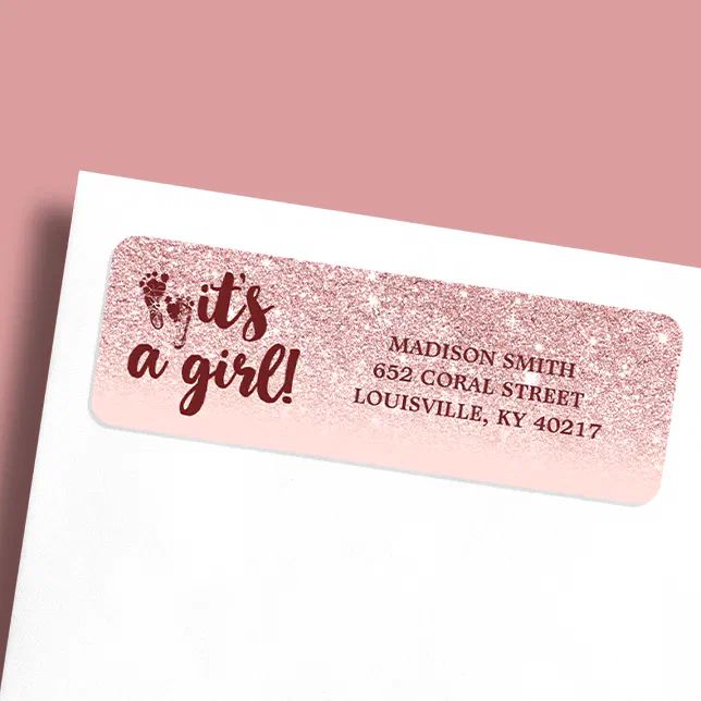 Rose Gold Glitter Blush Pink Ombre Its A Girl Baby Label | Zazzle