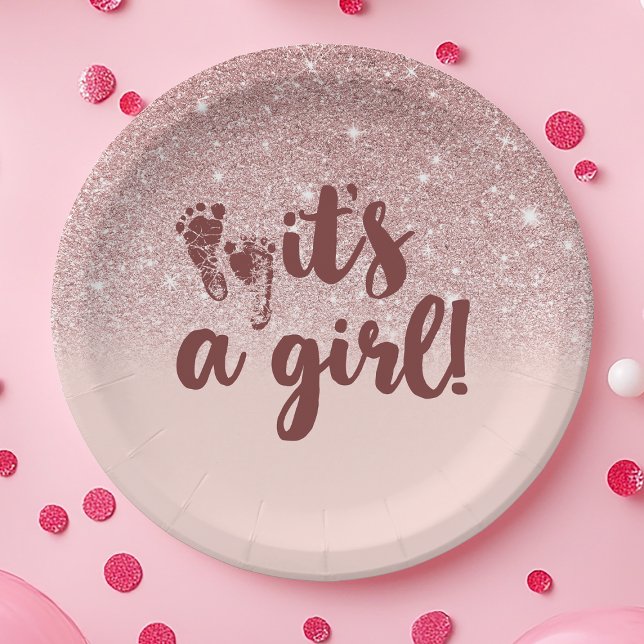 Rose Gold Glitter Blush Pink Ombre Its A Girl Baby Paper Plates (Creator Uploaded)