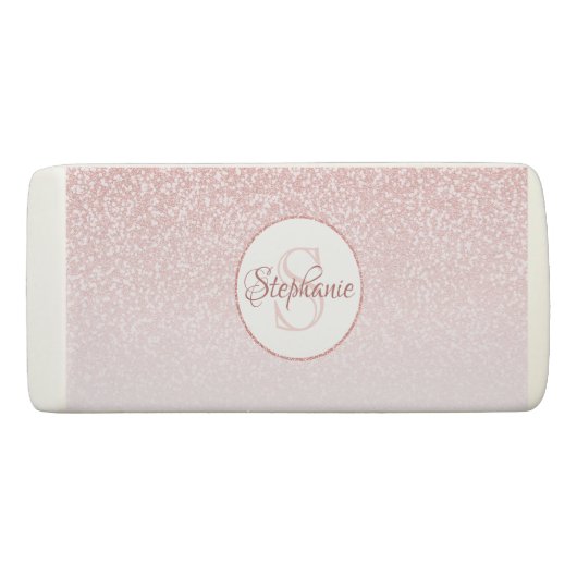 Rose Gold Glitter Blush Pink Ombre Monogram Eraser (Front)