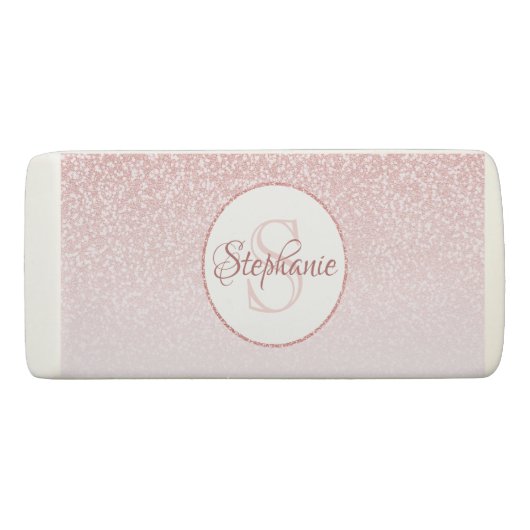 Rose Gold Glitter Blush Pink Ombre Monogram Eraser (Back)