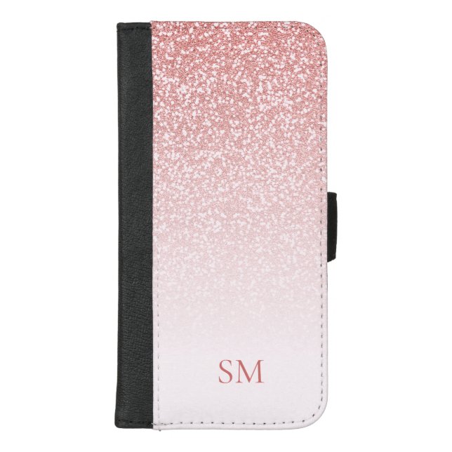 Rose Gold Glitter Blush Pink Ombre Monogram iPhone Wallet Case (Front)