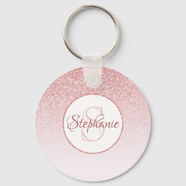 Rose Gold Glitter Blush Pink Ombre Monogram Keychain (Front)
