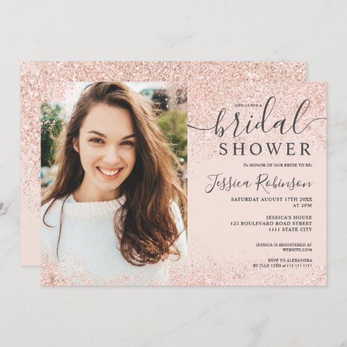 rose gold glitter blush pink photo bridal shower invitation