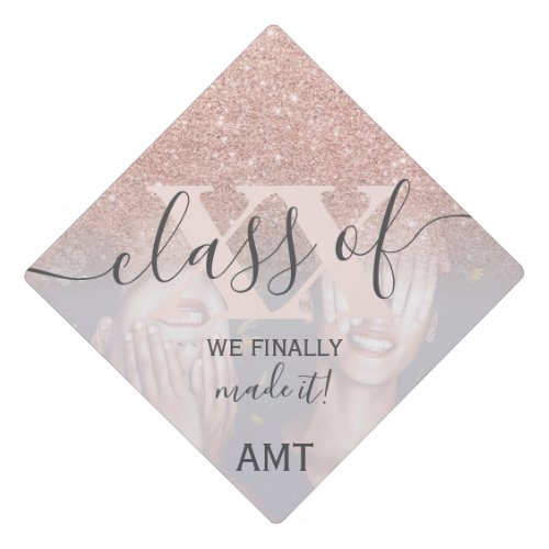 Rose gold glitter blush pink photo class of graduation cap topper