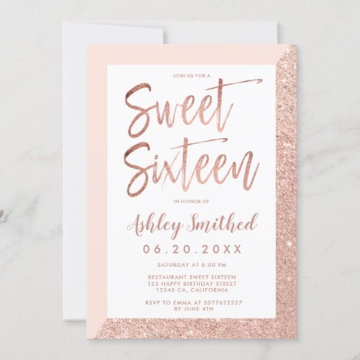 Rose gold glitter blush pink photo sweet sixteen invitation | Zazzle