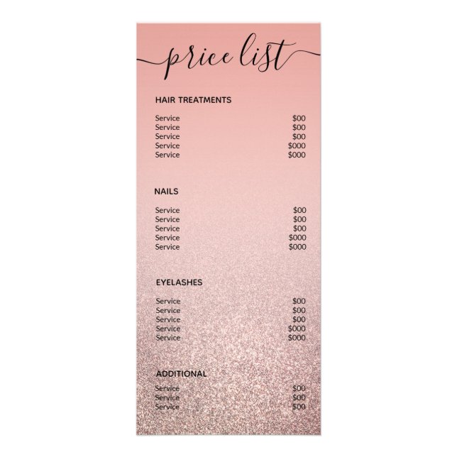 Rose Gold Glitter Blush Pink Salon Price List Menu (Back)