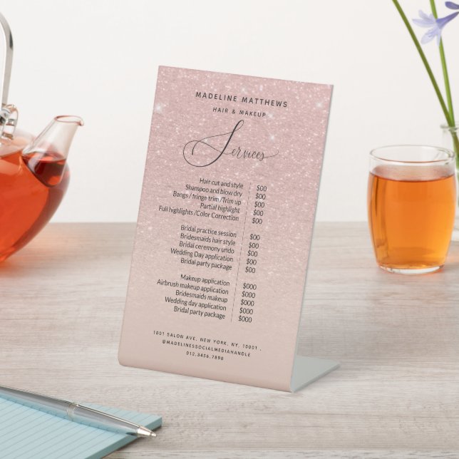 Rose Gold Glitter Blush Pink Salon Price List  Pedestal Sign (In SItu)