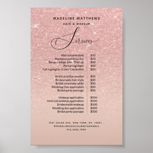 Rose Gold Glitter Blush Pink Salon Price List Poster