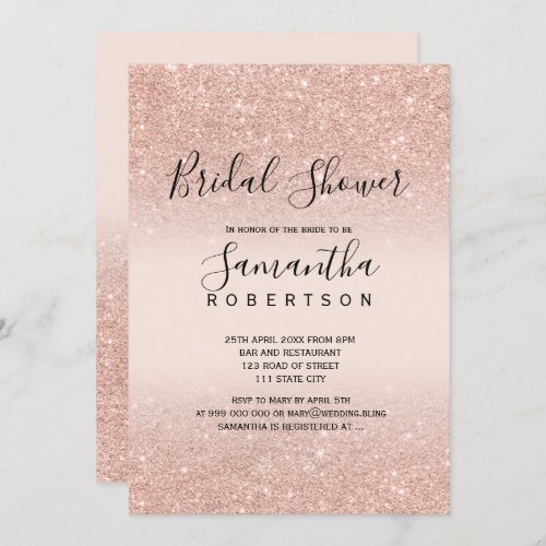 Rose gold glitter blush pink script bridal shower invitation